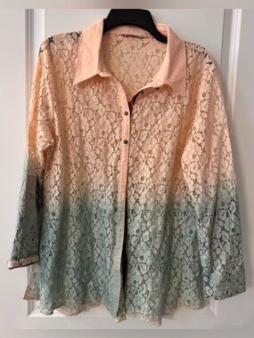 #z194 - Soft Surroundings Aurelie Ombre Lace Blouse Dip Dye Silk Lined Cuffs